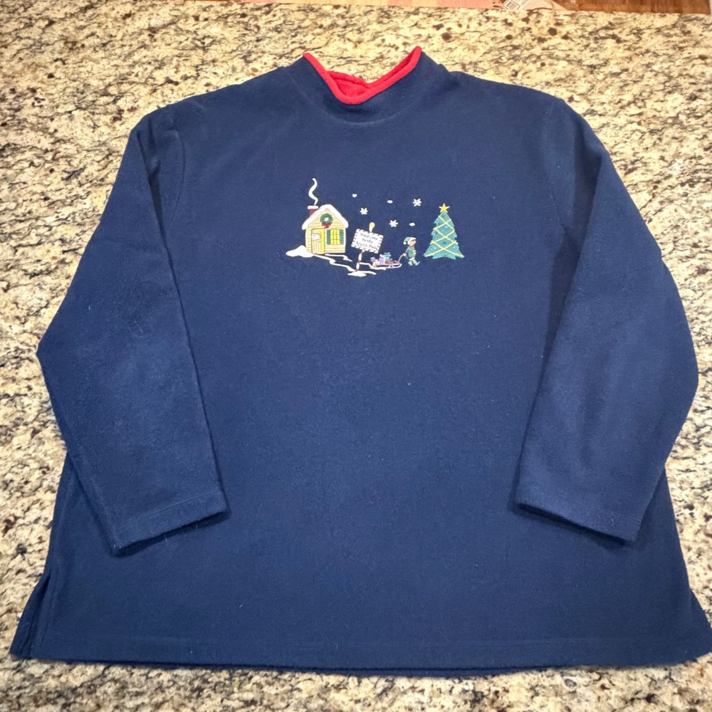 C&B Sport Croft & Barrow Christmas Fleece Pullover Navy Blue North Pole Elf 1X